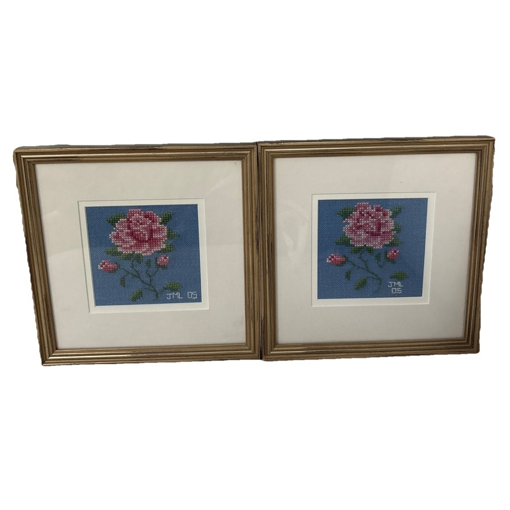 VTG Roses Custom Framed Matted Handmade Counted Crossstich Set Of 2 Dated Signed